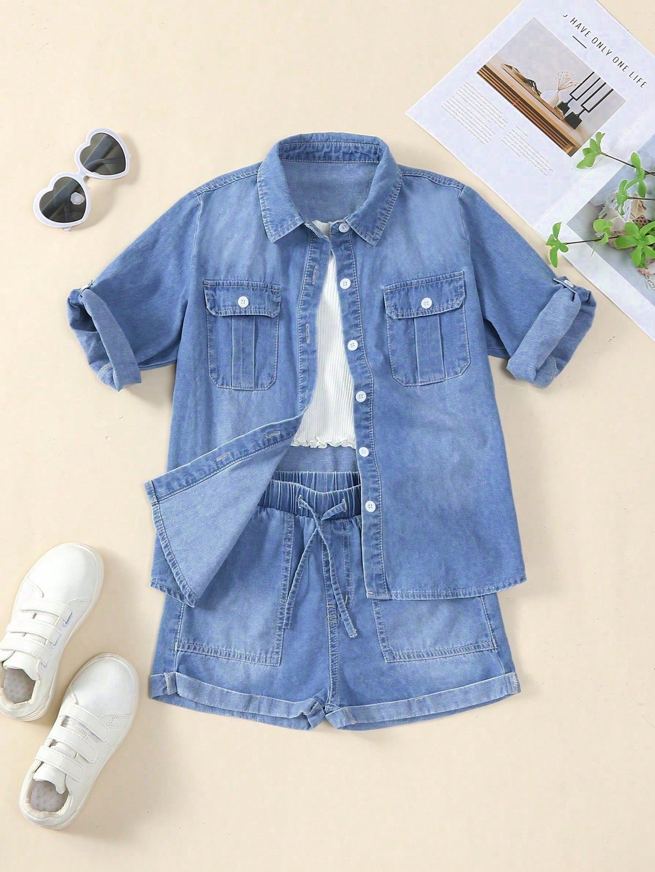 Tween Girls' Casual, Loose, Comfortable And Soft Denim Two-Piece Set In College Style