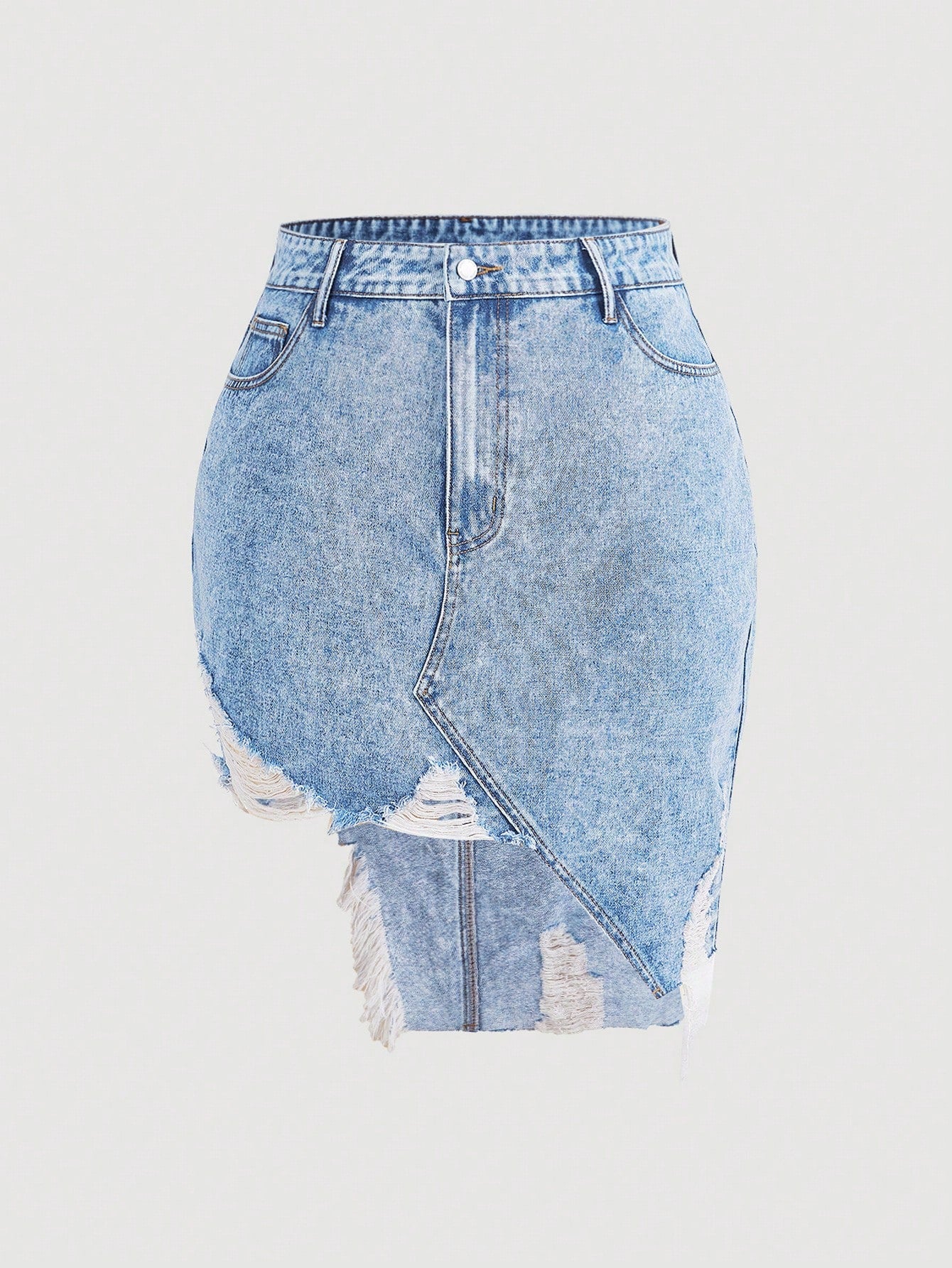 Plus Ripped Raw Cut Asymmetrical Hem Denim Skirt