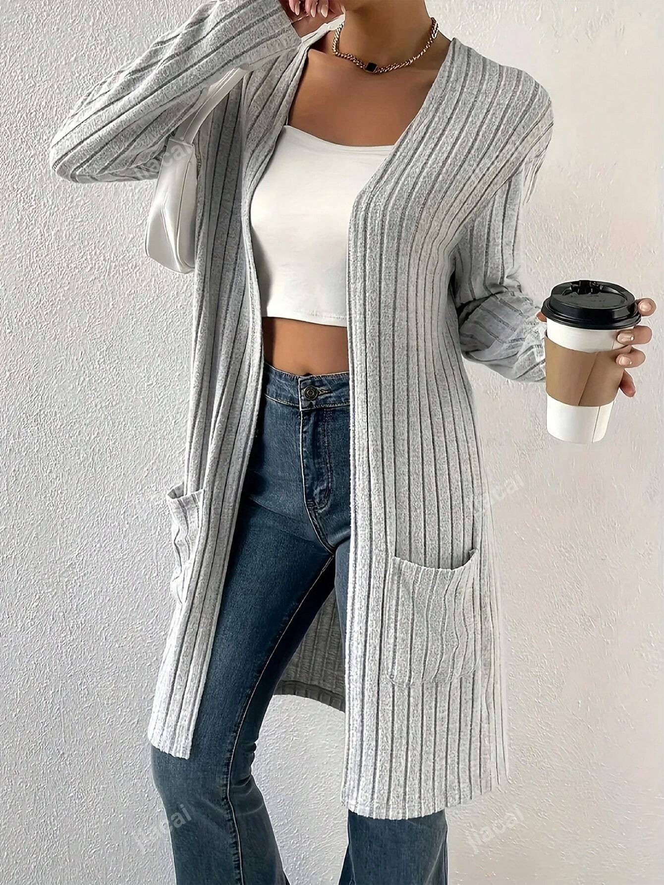 Women's Solid Color Pocket Long Sleeve Cardigan