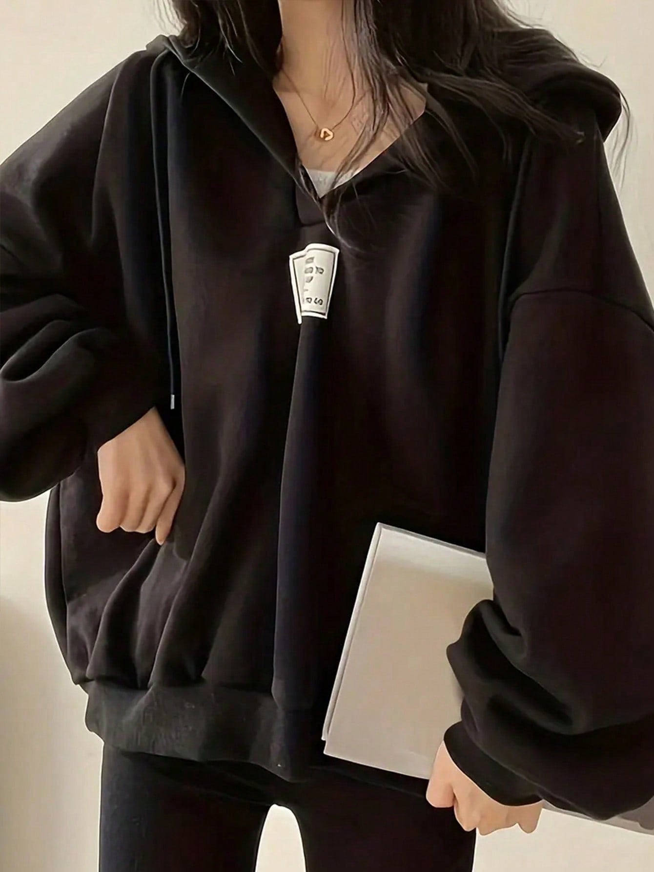 Plus Size Loose Fit Hoodie With Badge And Drop Shoulder Detail