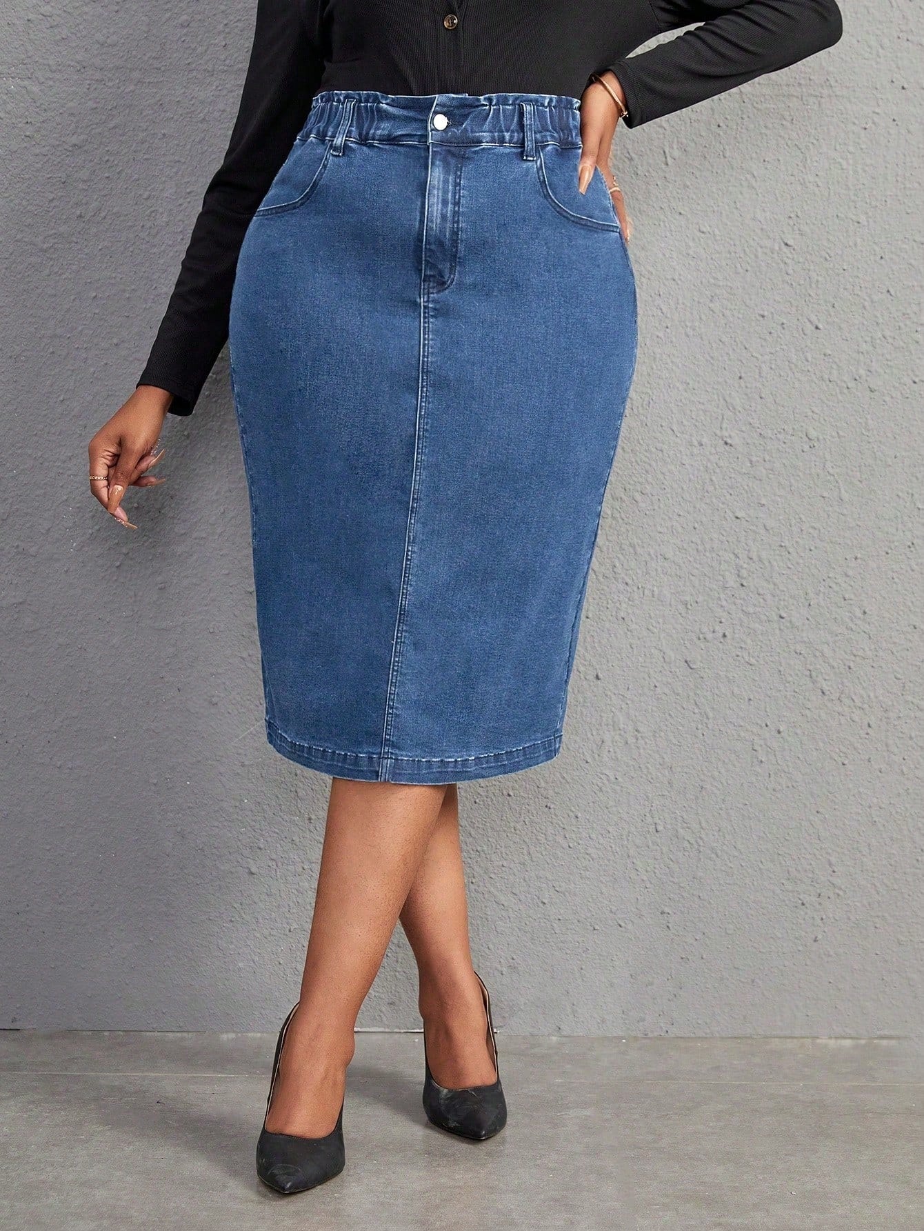 Plus High Waist Split Back Denim Skirt