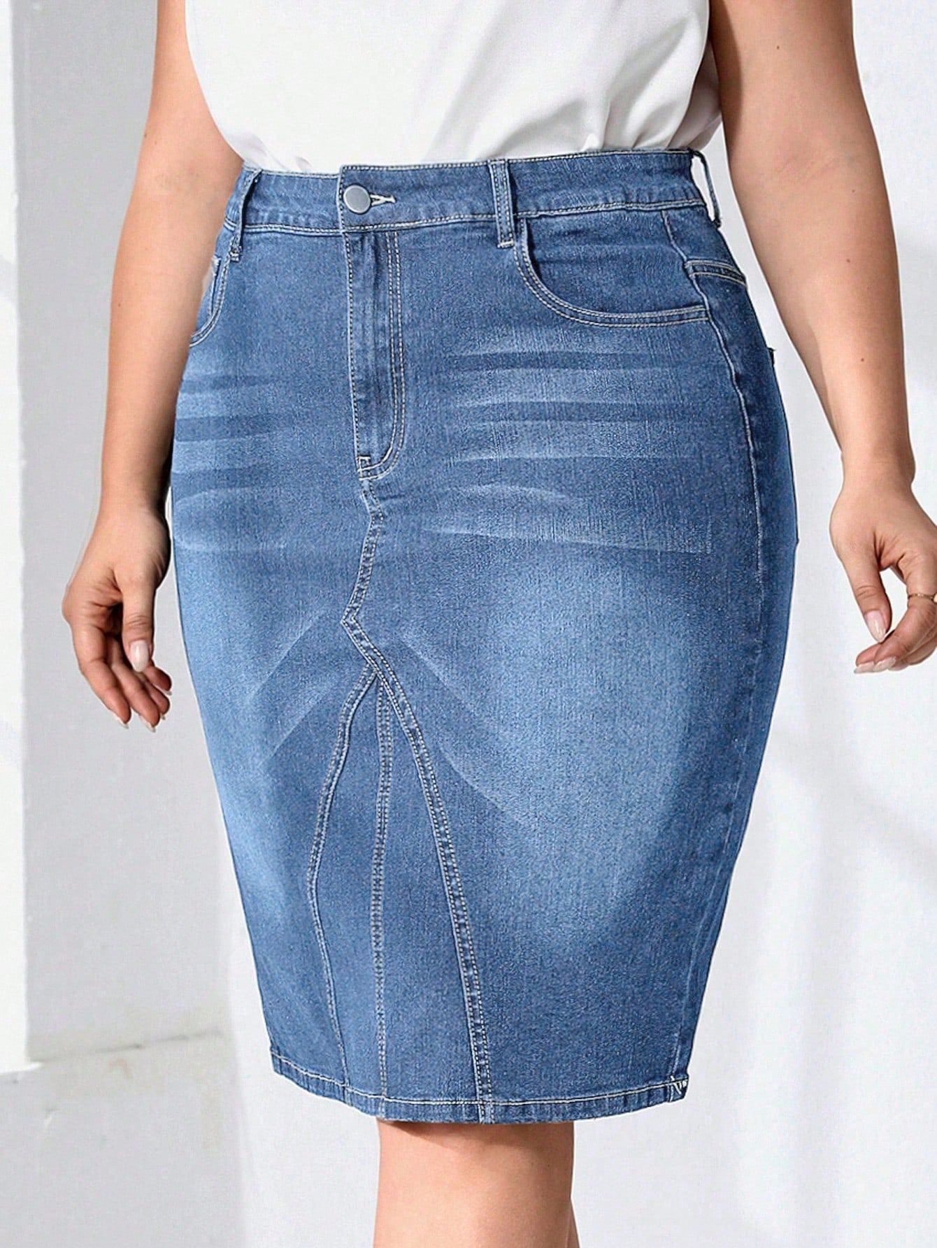 Plus Slant Pocket Denim Skirt