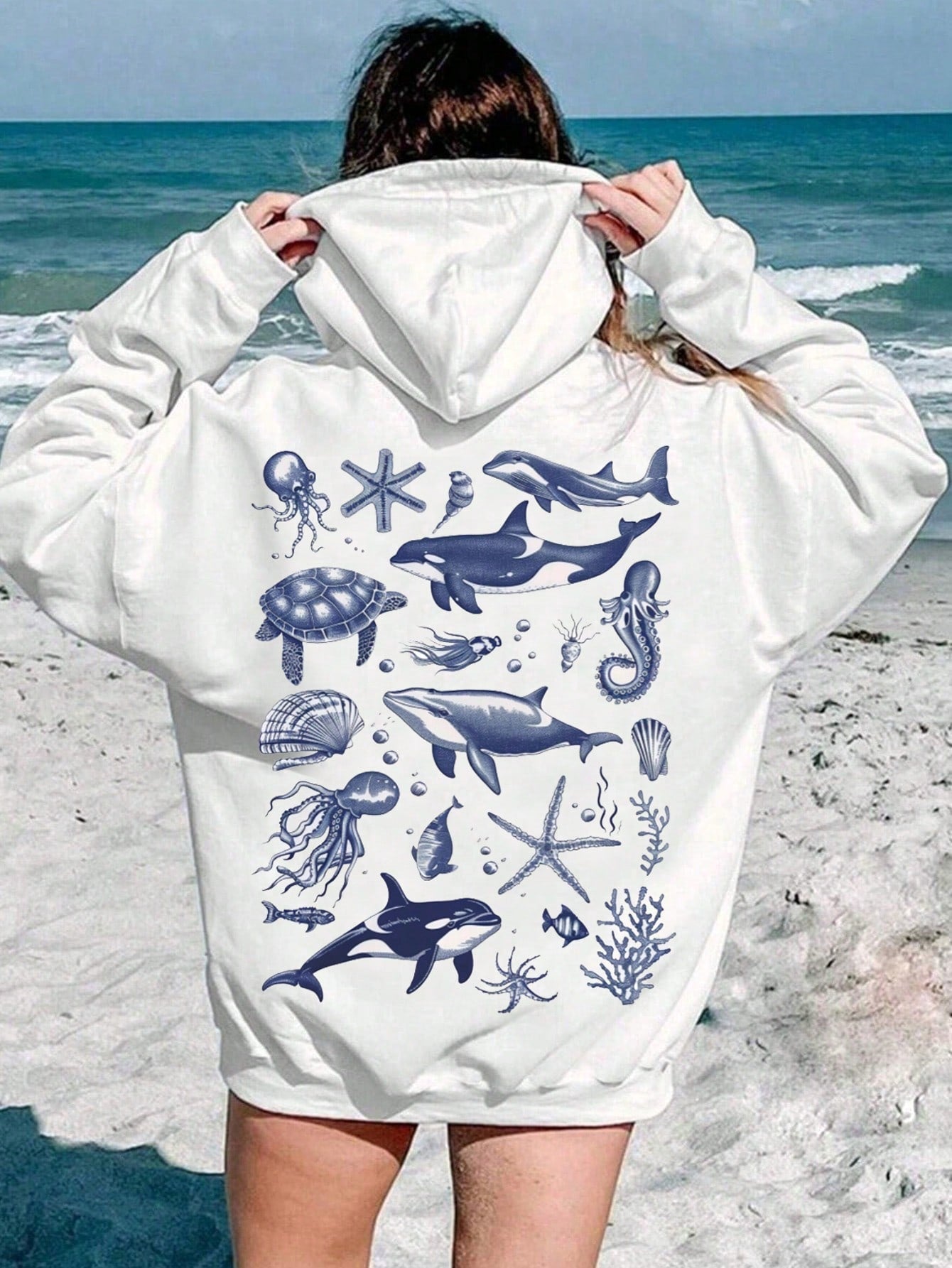 Teen Girls Marine Life Print Kangaroo Pocket Drop Shoulder Hoodie For Summer Vacation