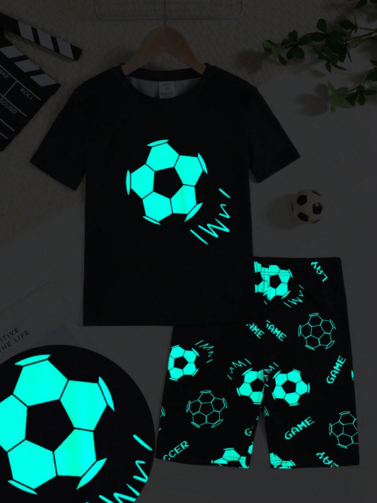 Tween Boy Snug Fit Fluorescent Football Printed Short Sleeve Shorts 2pcs Knit Comfortable Casual Loungewear Set