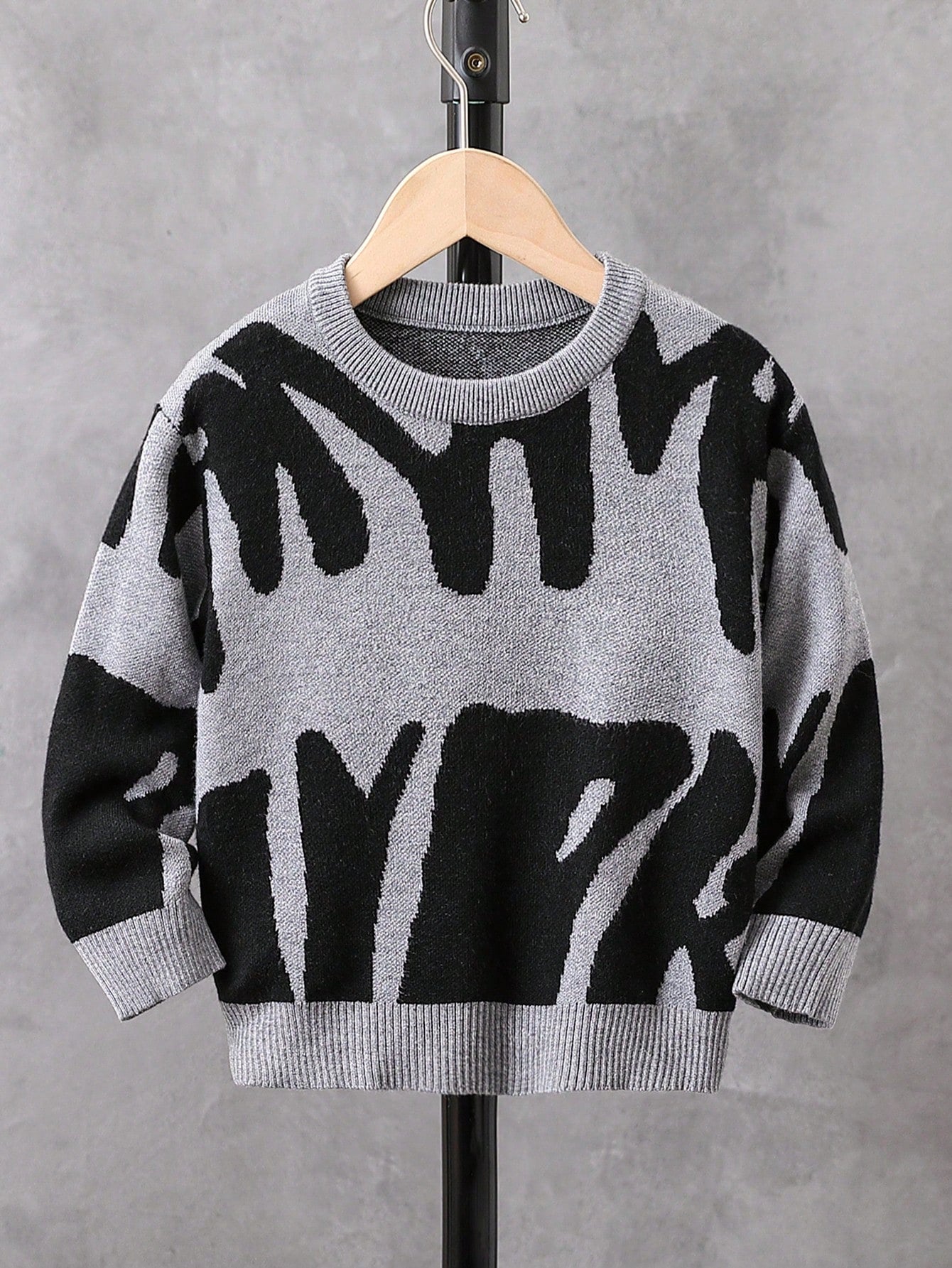 Young Boy Grey & Black Colorblock Graphic Knit Sweater, Casual Comfy Warm Pullover For Home, School, Outings, Party, Autumn Winter