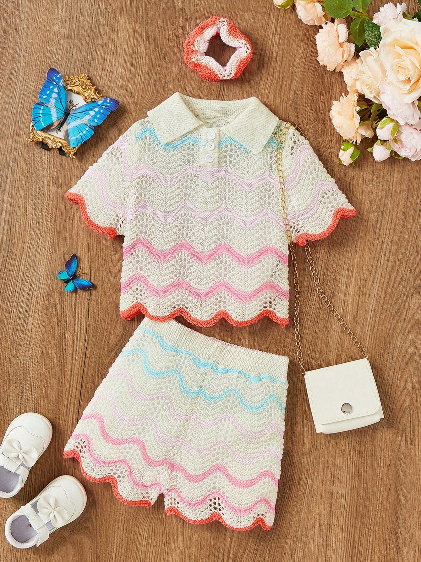 2pcs Young Girl Polo Collar Short Sleeve Knit Sweater And Ombre Wave Print Shorts Set