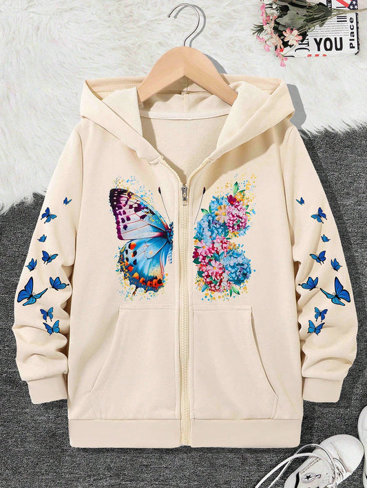 Tween Girl Hooded Butterfly Print Zip-Up Sweatshirt Jacket With Pockets, Fall/Winter