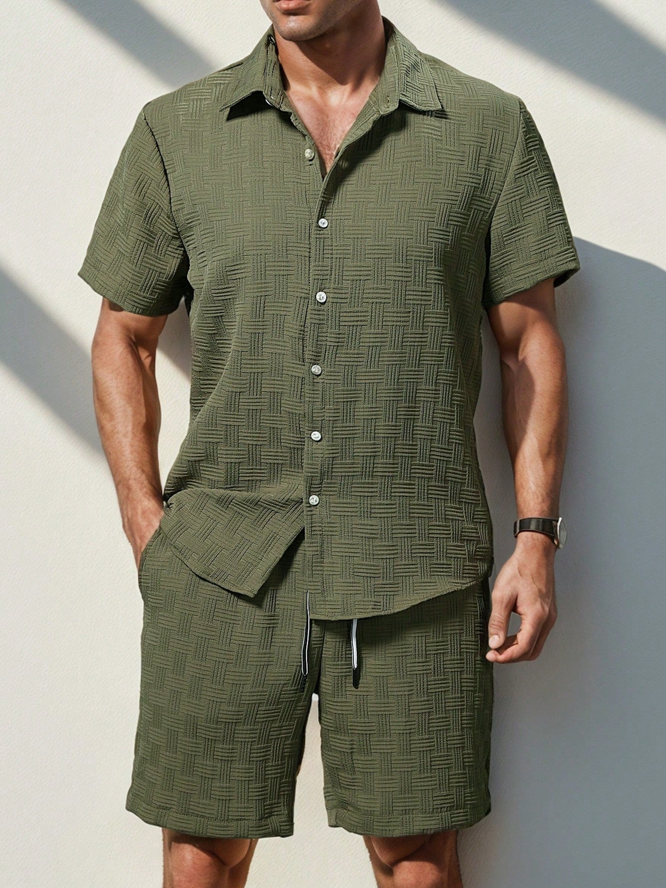 Men Solid Button Up Shirt & Shorts Set