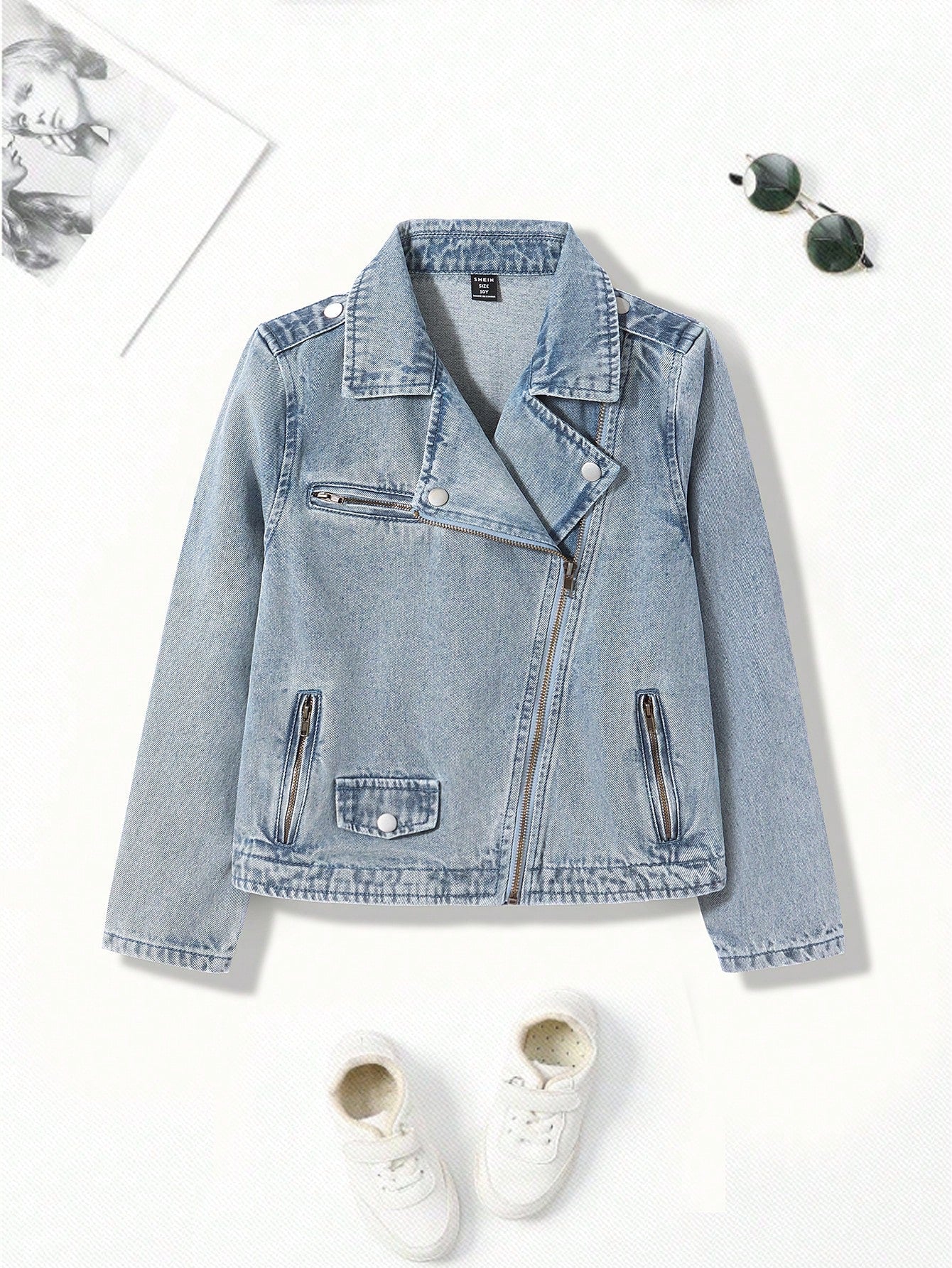 Streecool Kids KIDS Y2K Street Style Zipper Front Denim Moto Jacket With Collar, Pockets, All-Season Must-Have Fashionable And Versatile Chic Item