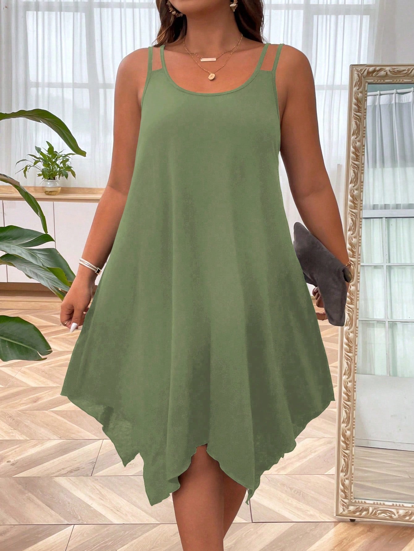 Plus Solid Asymmetrical Hem Cami Dress