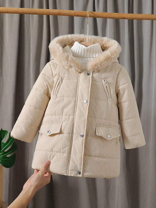 Toddler Girls Casual Solid Color Loose Hoodie Faux Pocket Design Thick Warm Winter Padded Coat