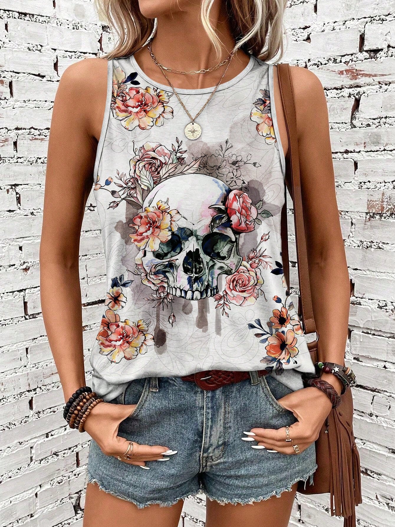 Feather Printed Vacation Style Women Camisole, Spring & Summer