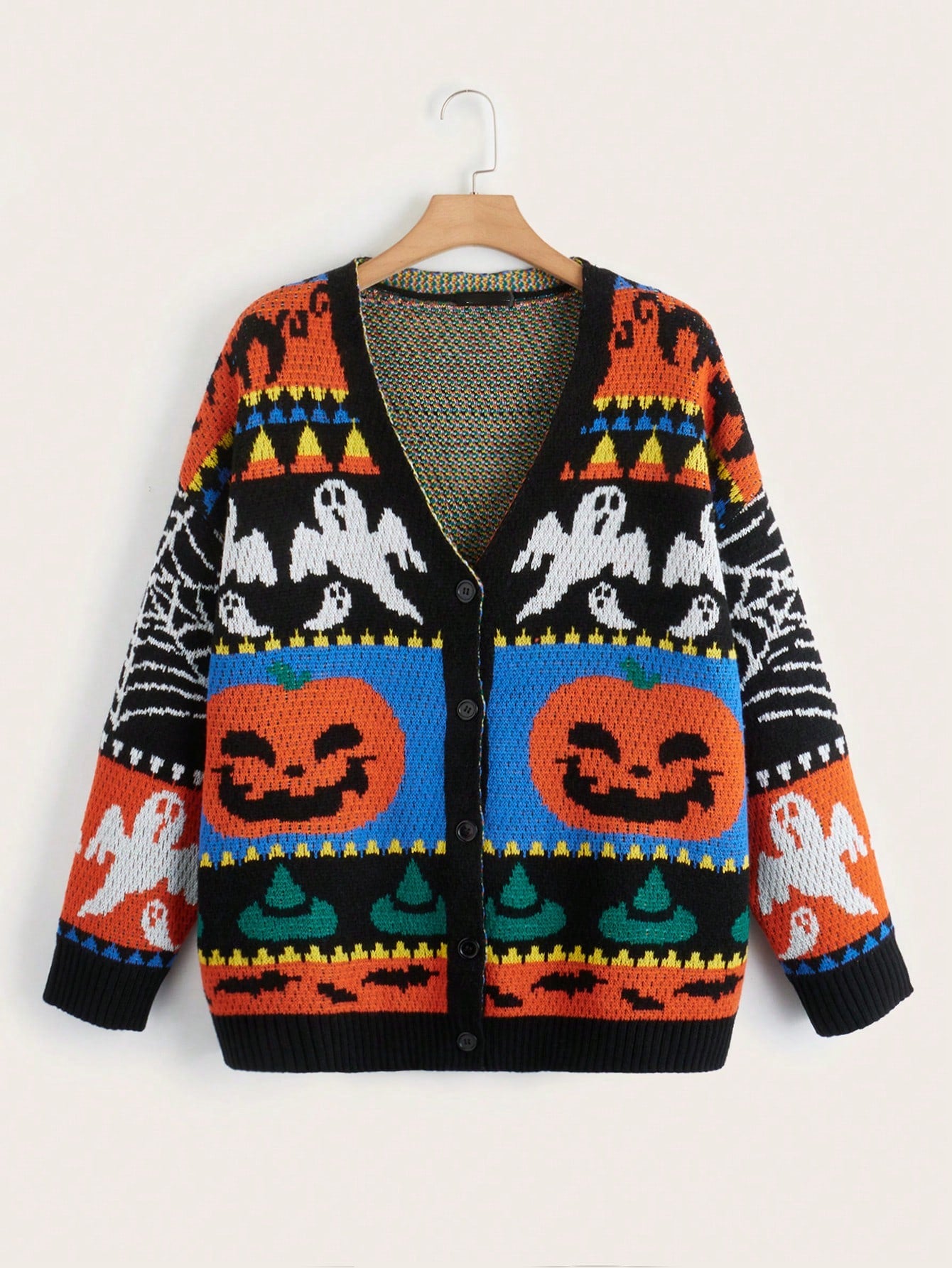 Plus Halloween Pumpkin & Ghost Pattern Drop Shoulder Cardigan