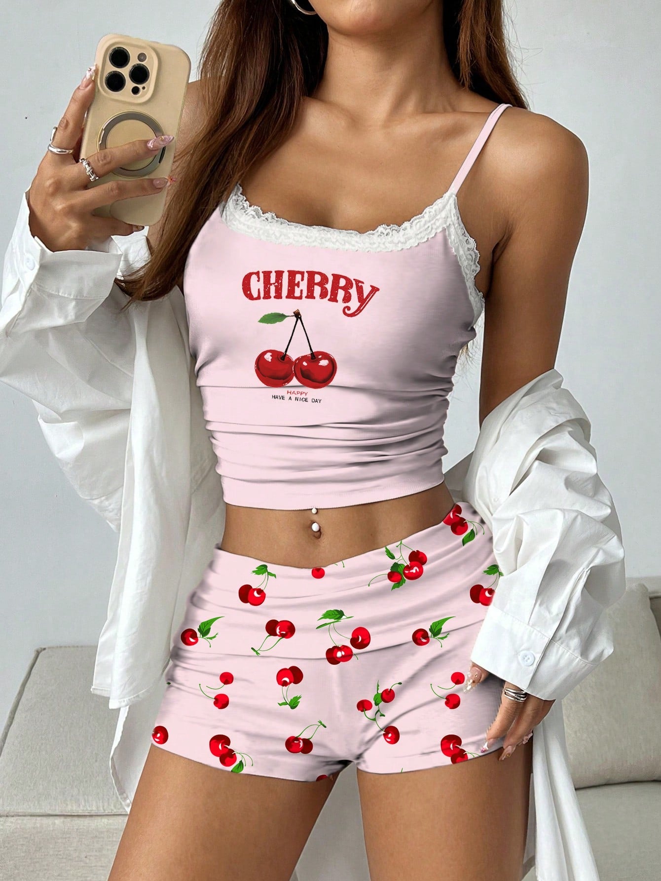 2pcs/Set Women's Spaghetti Strap Lace Ruched Vest Top And Cherry Print Shorts Set, For Summer