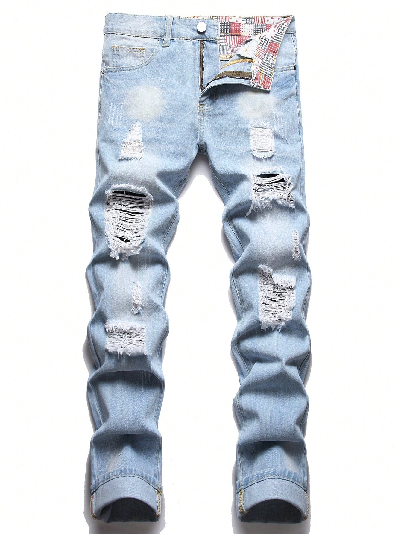 Men Cotton Patchwork Panel Ripped Frayed Bleach Wash Jeans