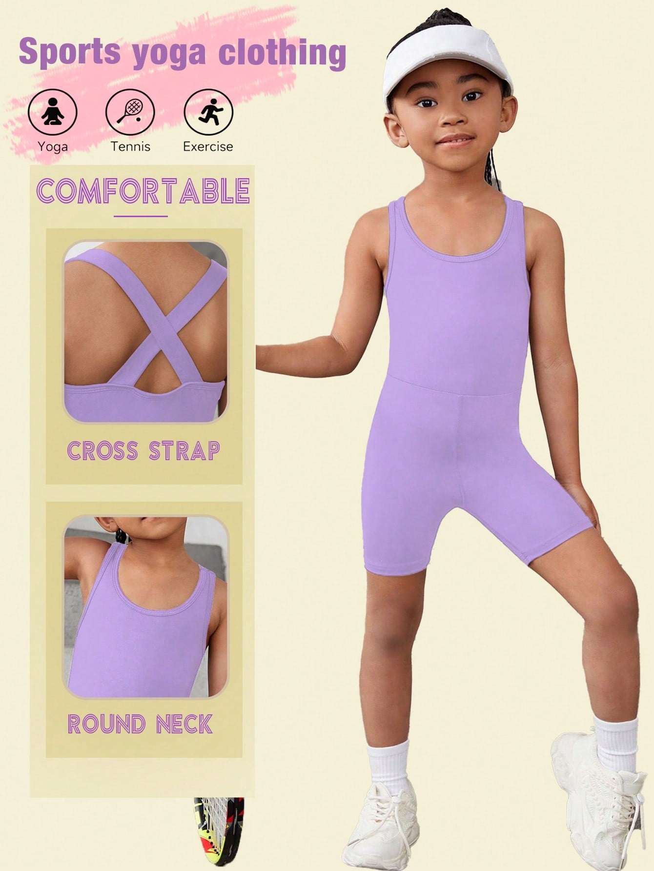 Young Girl Light Purple Sport Jumpsuit, Cross-Back Design, Breathable & Comfortable Casual Wear