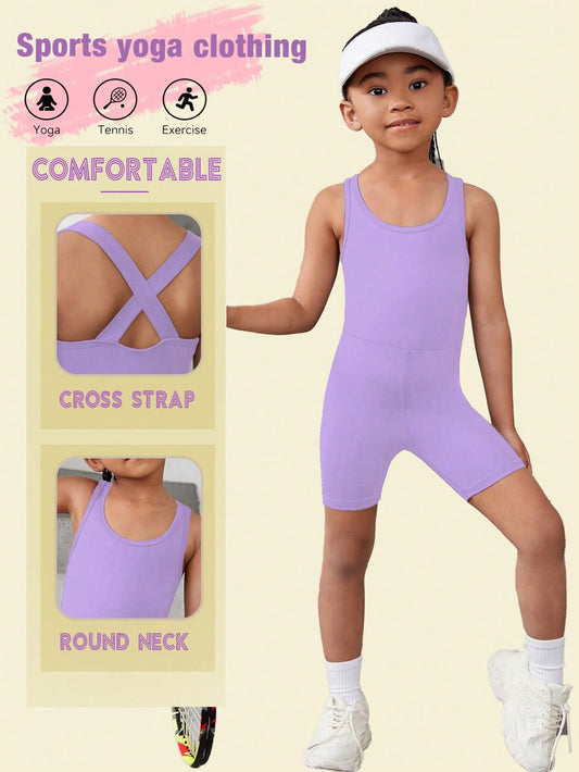 Young Girl Light Purple Sport Jumpsuit, Cross-Back Design, Breathable & Comfortable Casual Wear