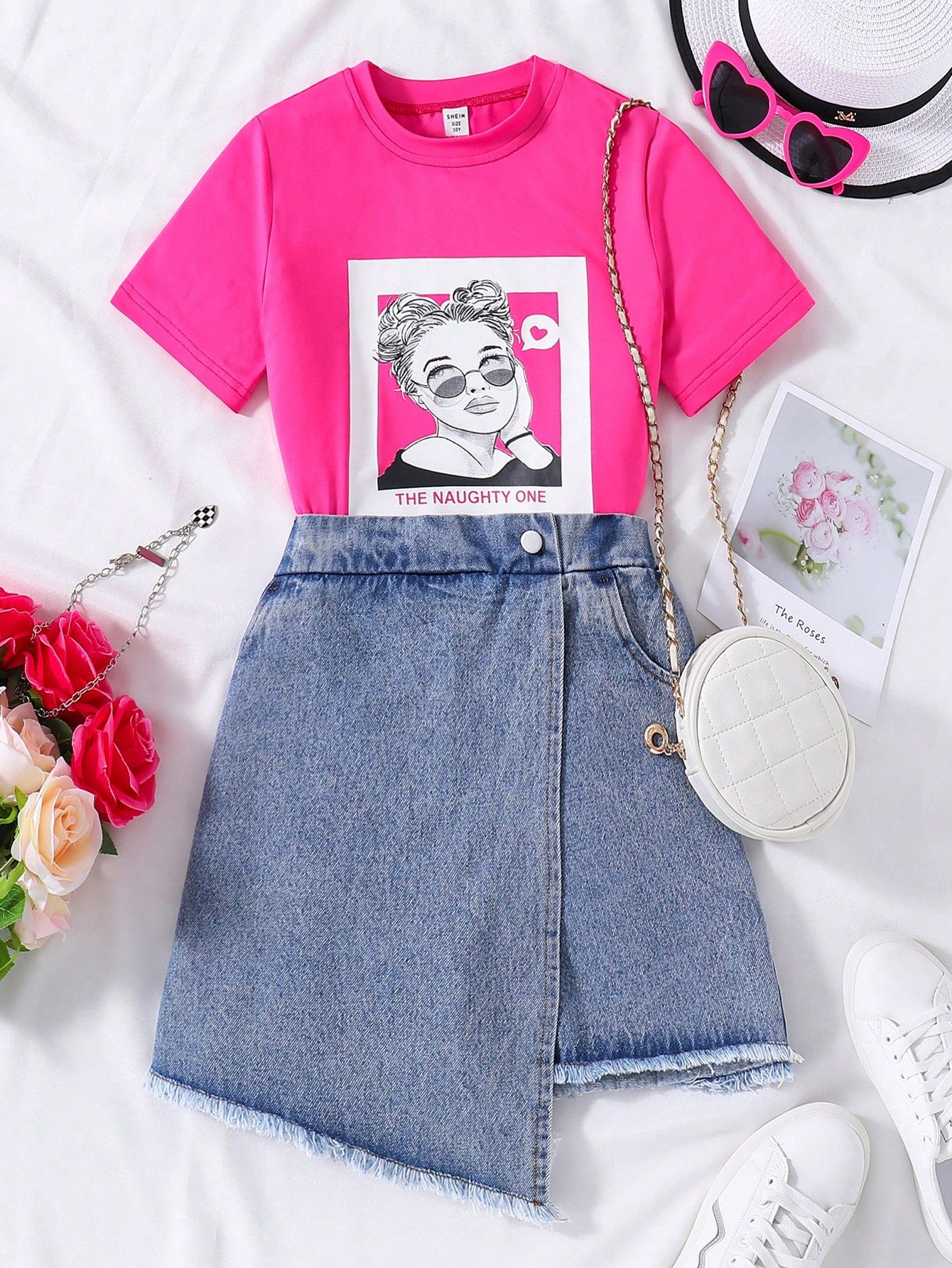 Teen Girls' Round Neck Graphic Printed Short Sleeve Top And Asymmetrical Hem Denim Shorts With Pocket, Summer Casual 2pcs Outfit