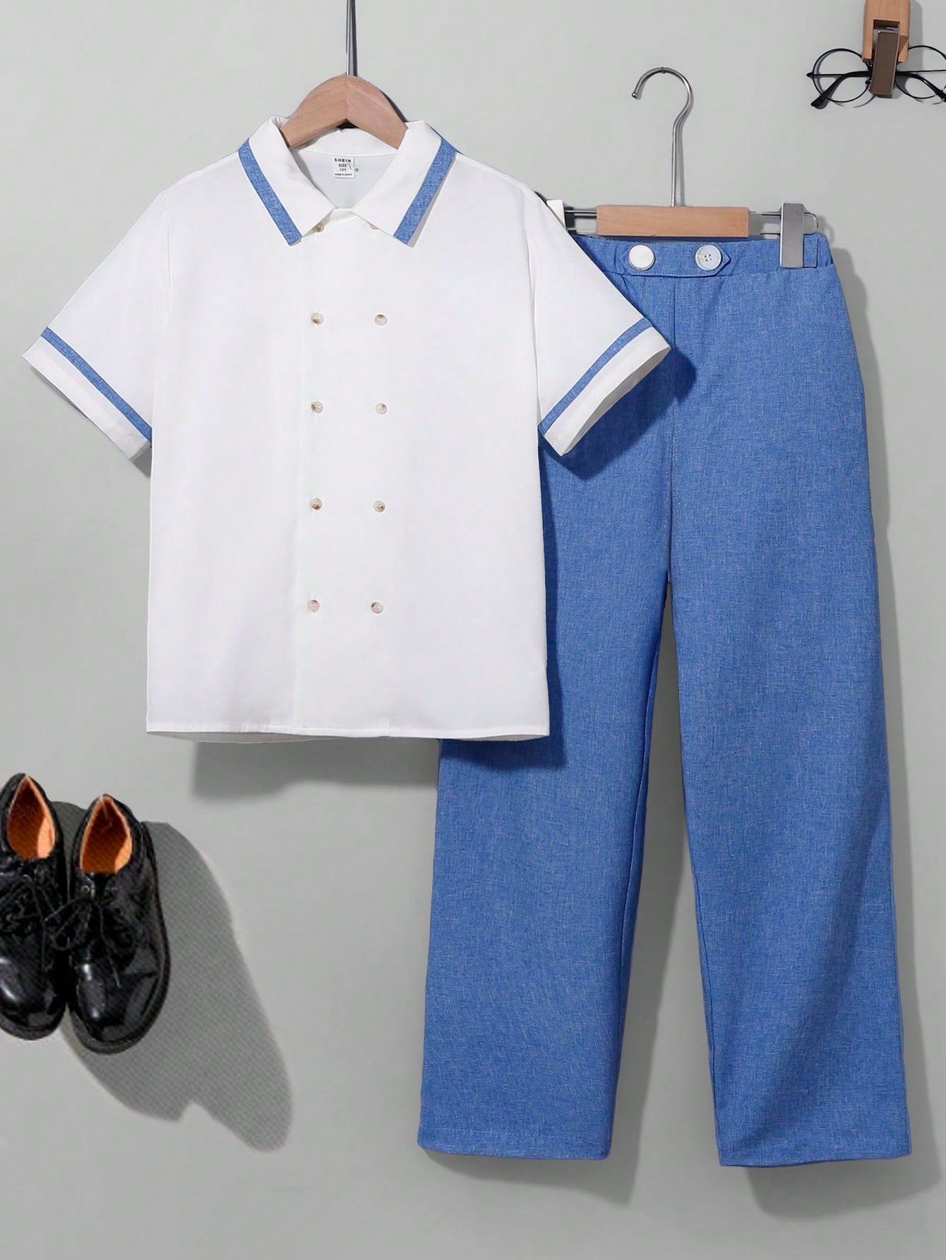 Tween Boys' College Style Double Breasted Short Sleeve Shirt And Long Pants Gentleman Suit, Spring/Summer