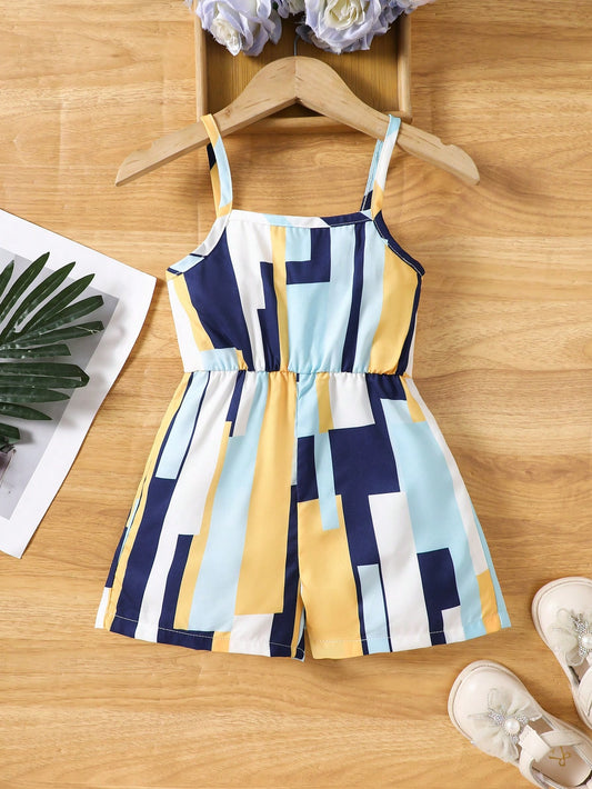 Young Girl's Asymmetrical Striped Print Casual Jumpsuit Short, Summer