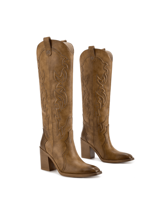 ISNOM Cowgirl Boots In Women Knee High Boots, Embroidered Cowboy Boots With Chunky Heel Comfort Tall Western Boots For Women