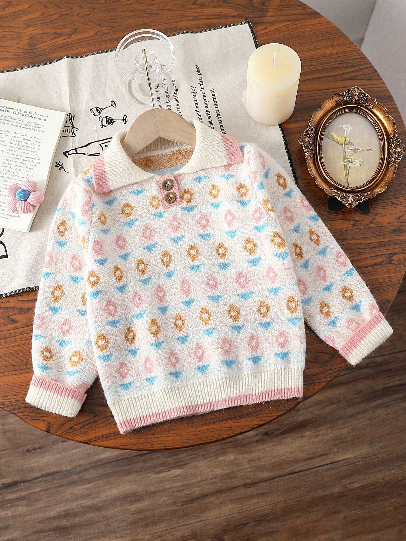 Young Girls Floral Jacquard Collared Soft  Button Casual Knit Sweater