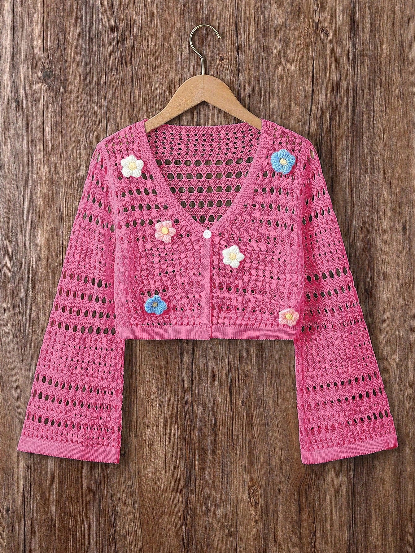 Tween Girl 3d Flower Decorated Hollow Out Knitted Cardigan