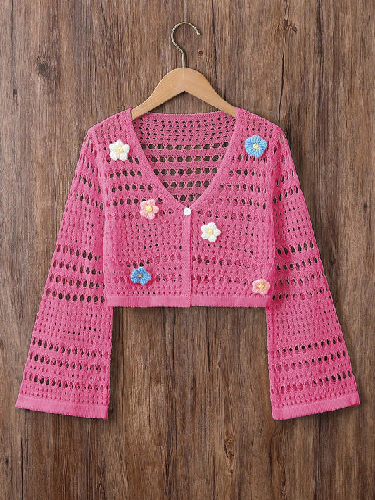 Tween Girl Vacation Casual 3D Floral Decor Hollow Out Knitted Cardigan