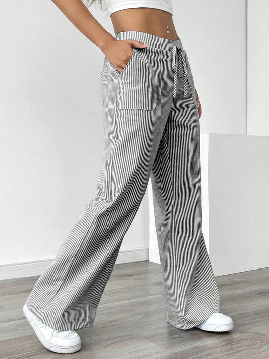 Women Blue Striped Wide Leg Lounge Pants, Casual & Holiday