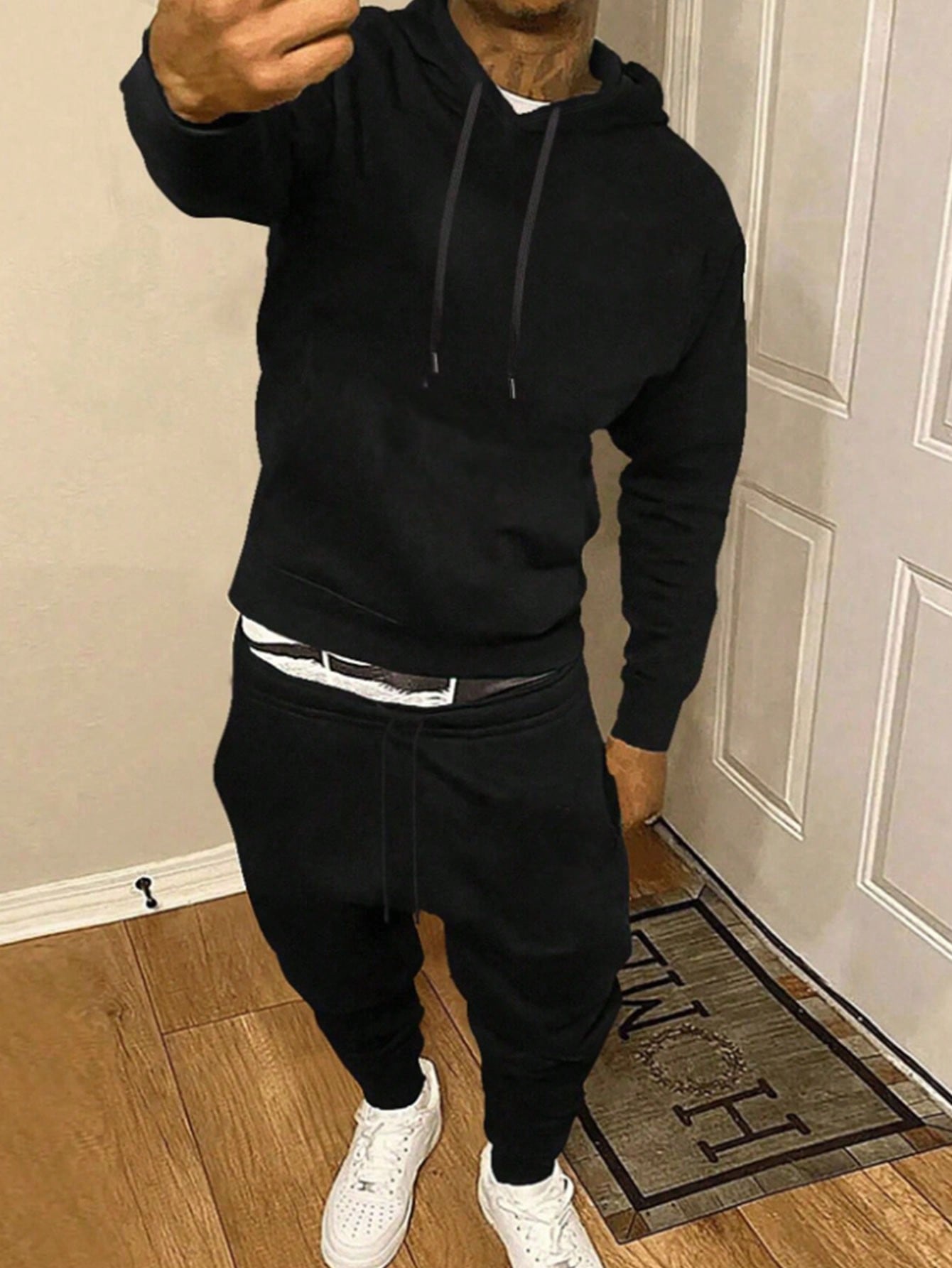 Men's Solid Color Drawstring Hoodie And Sweatpants Set