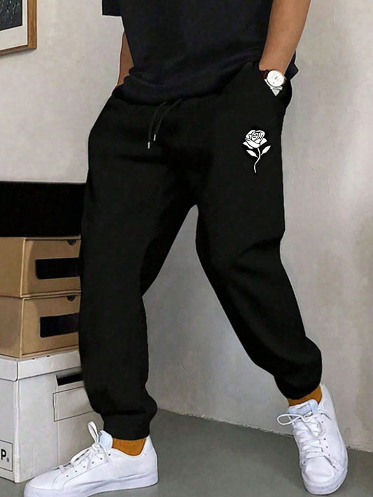 Men Rose Print Drawstring Waist Sweatpants