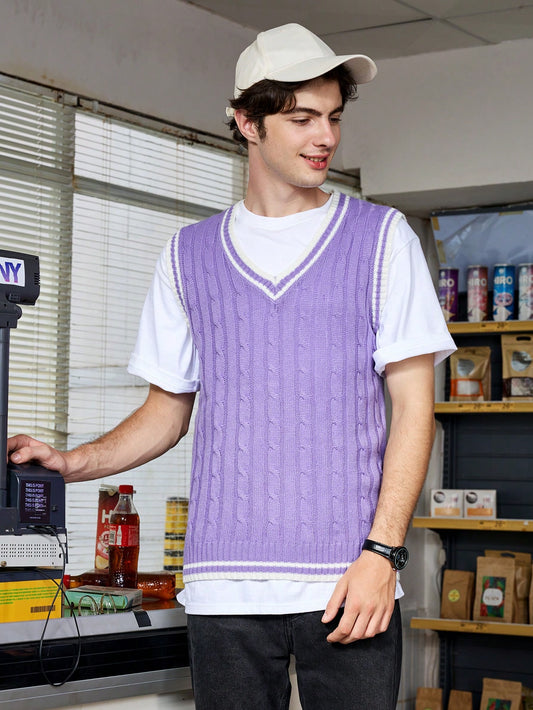 Men's Casual Colorblock Trim Knit Sweater Vest, Spring & Autumn