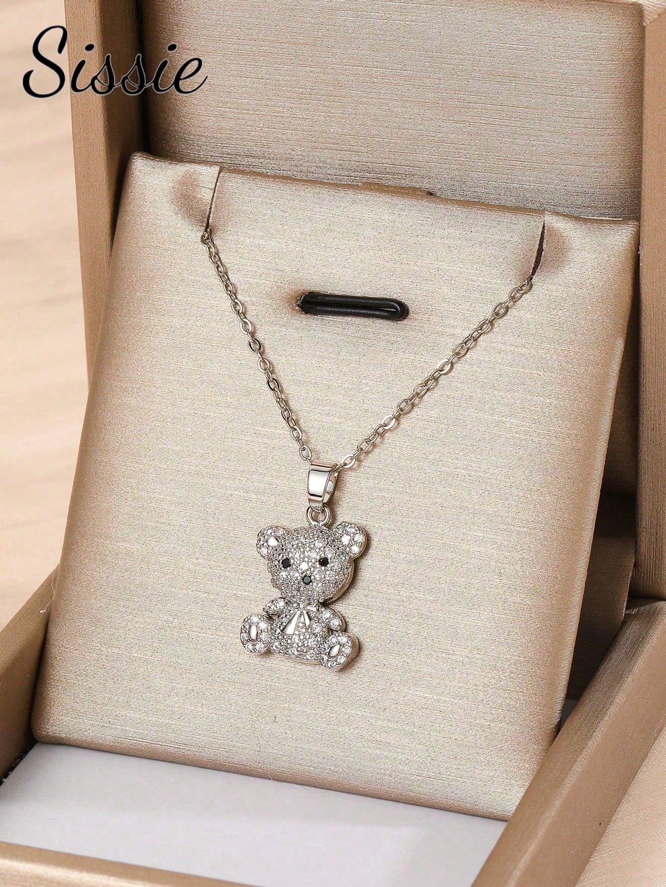 1pc Teen Girls Exquisite Cute Cubic Zirconia Decor Bear Pendant Stainless Steel Necklace For Children Fashion Party Banquet Holiday Street Jewelry For Daily Wearing For Kids Birthday Gift  Back To School