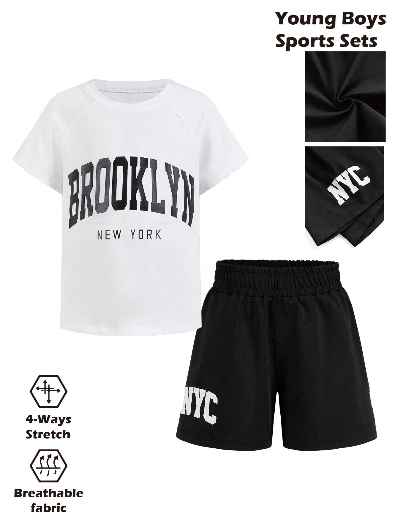 Little Boys' Yoga Stretchy, Comfortable, Breathable, Sweat-Absorbing, Fashionable, Simple Training, Running, Cycling Brooklyn Printed Sporty Outfit