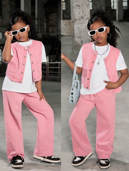 Streecool Kids Tween Girls Pink Vest & Pants Casual Set, Pink, 2pcs