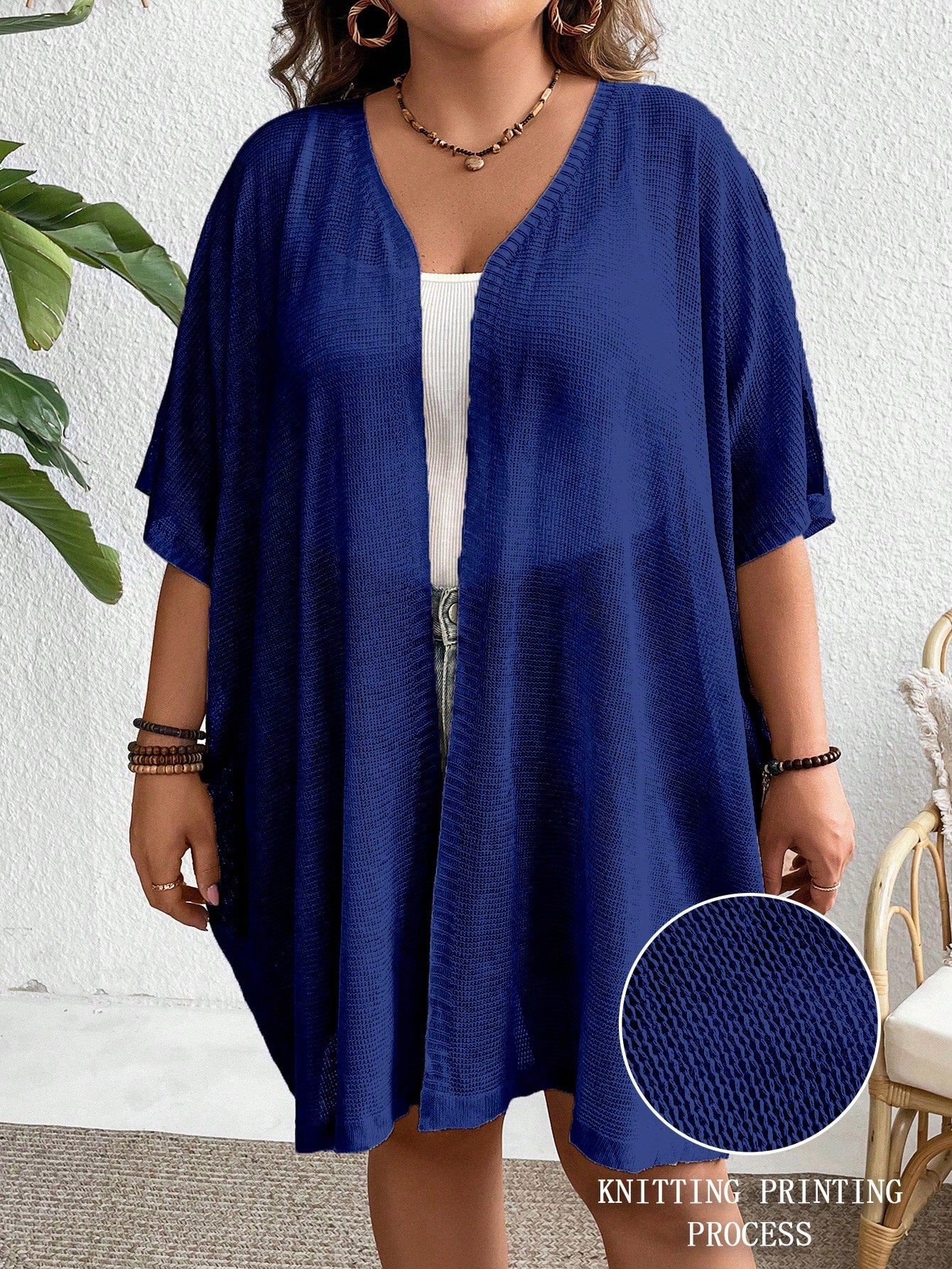 Plus Size Solid Color See-Through Sweater Cardigan With Half Sleeves