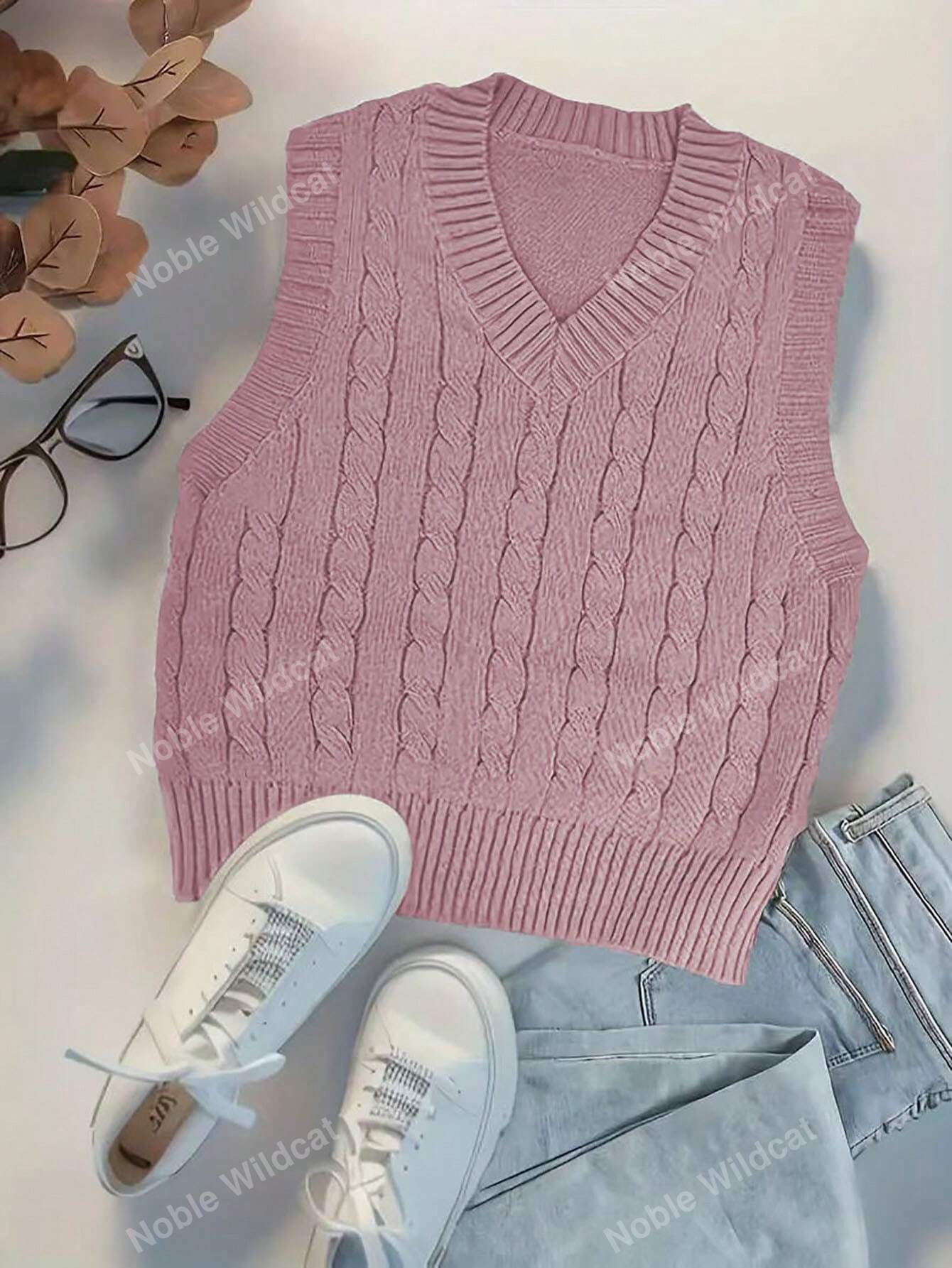 Plus Size Women V-Neck Ribbed Knit Sleeveless Sweater Vest, Autumn/Winter