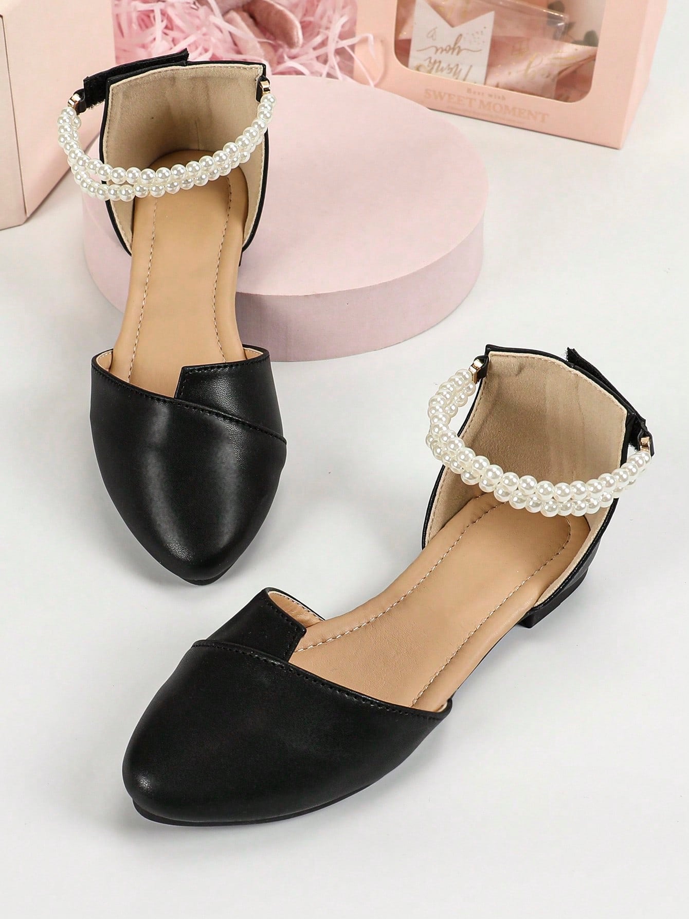 Fashion Girls' Pointed Toe Flat Shoes Children's Shoes, Youth Students' Flat Leather Outdoor Shoes, Black Fashionable Student Girls' Pearl Shoes, Comfortable Casual Shoes