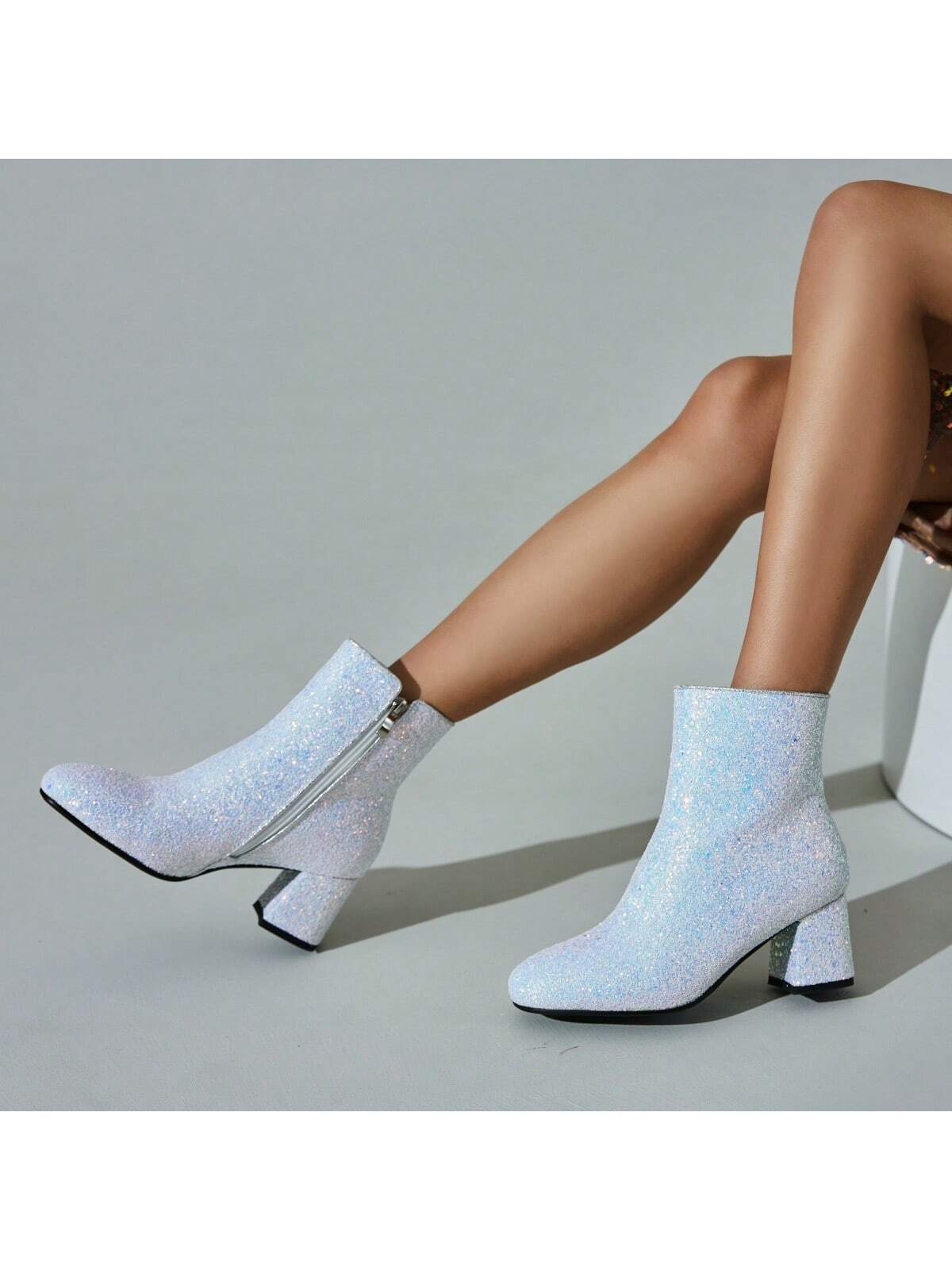 Women's Sequin Glitter Ankle Boots Chunky Heels Sparkly Booties Wedding Bridal Shoes