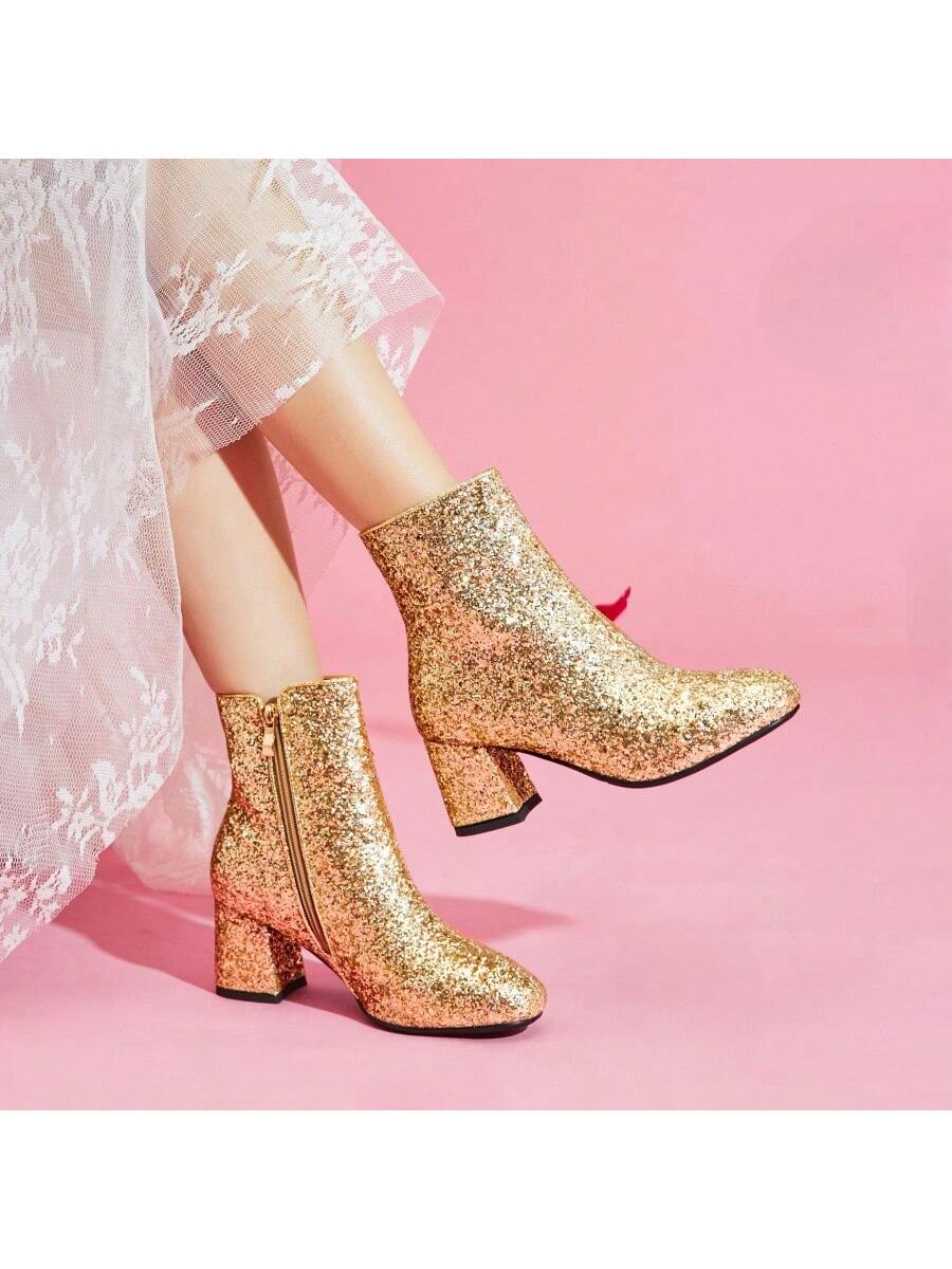 Women's Sequin Glitter Ankle Boots Chunky Heels Sparkly Booties Wedding Bridal Shoes