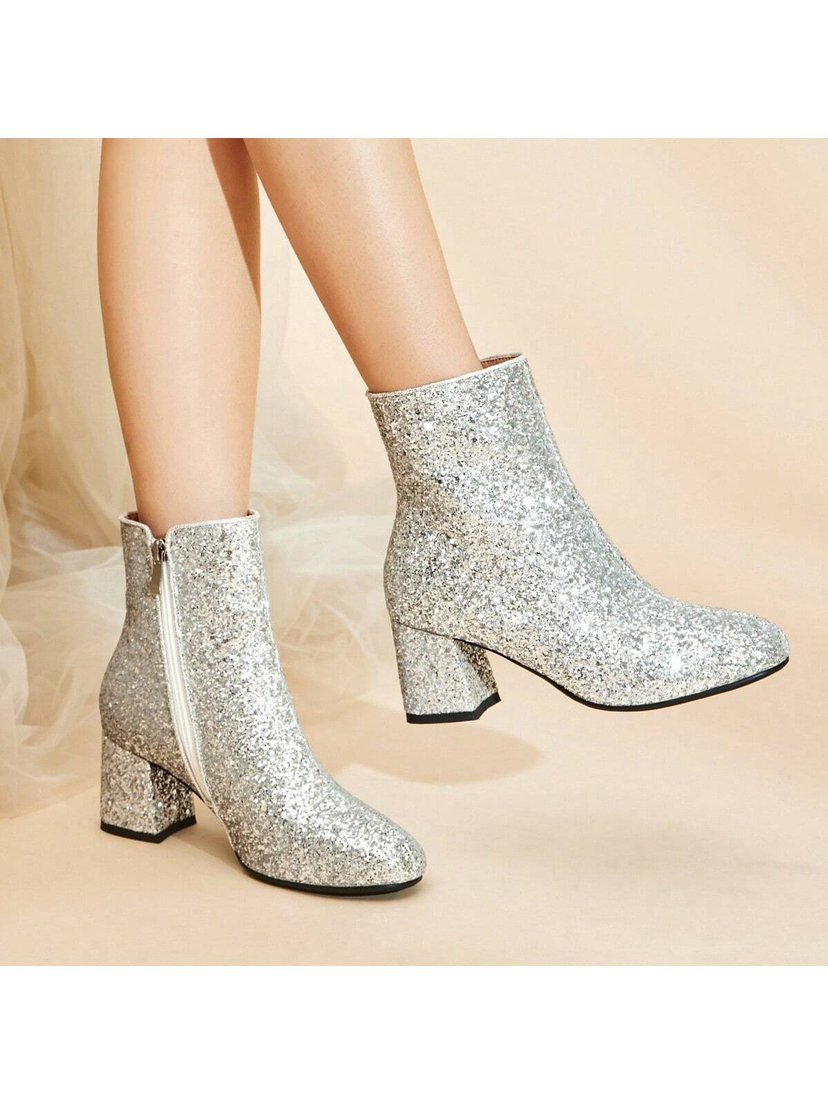 Women's Sequin Glitter Ankle Boots Chunky Heels Sparkly Booties Wedding Bridal Shoes