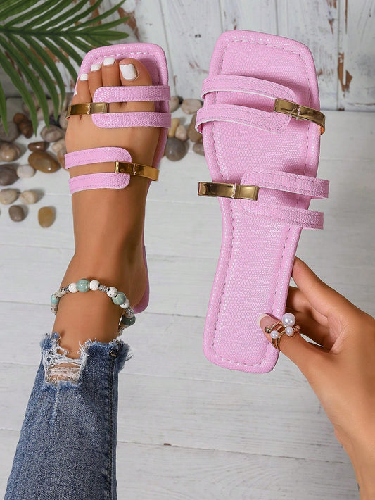 Women's Summer New Hollow-Out Open Toe Slide Sandals, Pink Square Toe Gold Strap, Casual Beach Holiday Daily Wear Flat Sandals