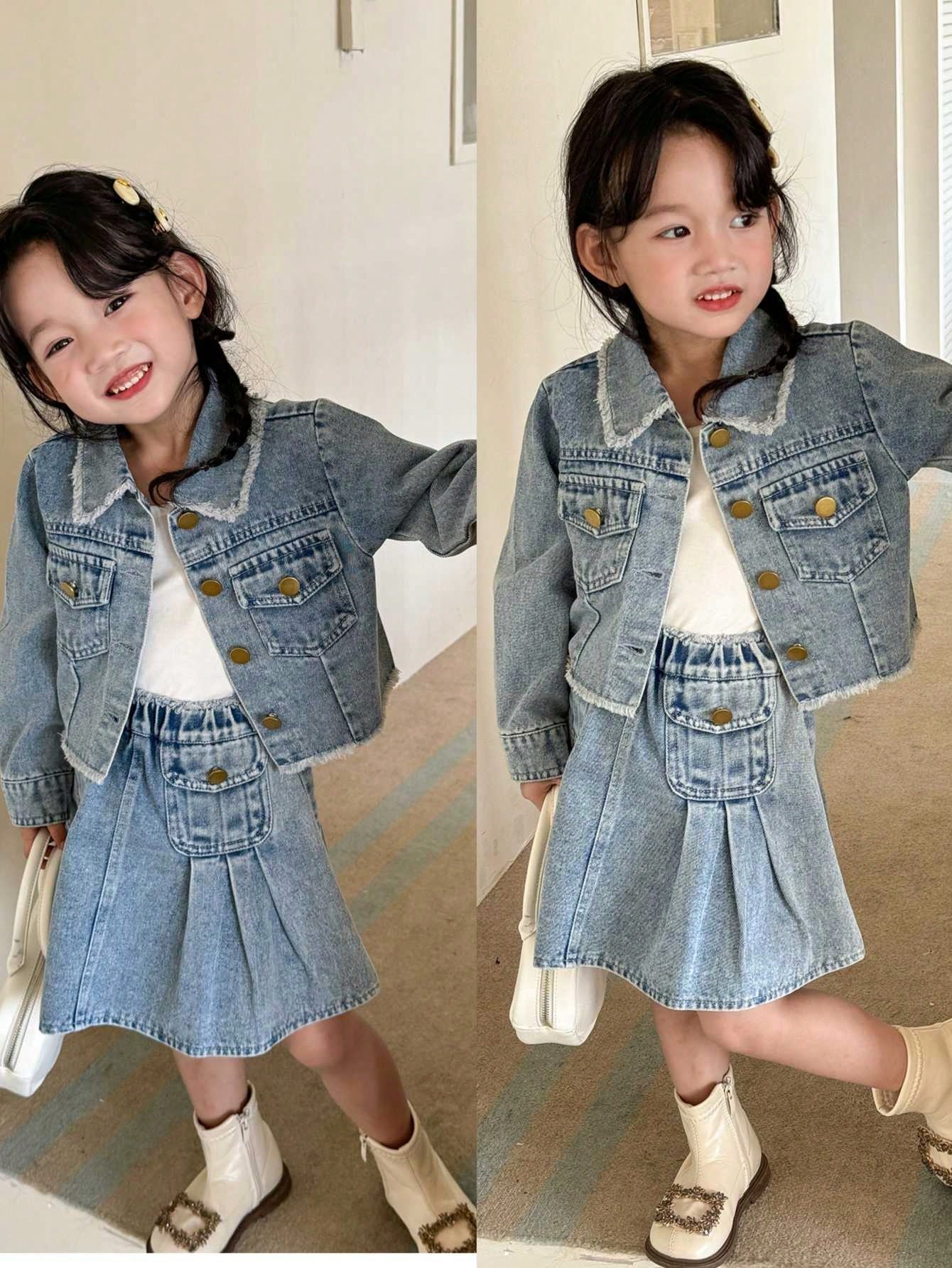 Kids Girls' Light-Colored Loose Casual Fringed Top & Pleated Denim Skirt Set, Toddler