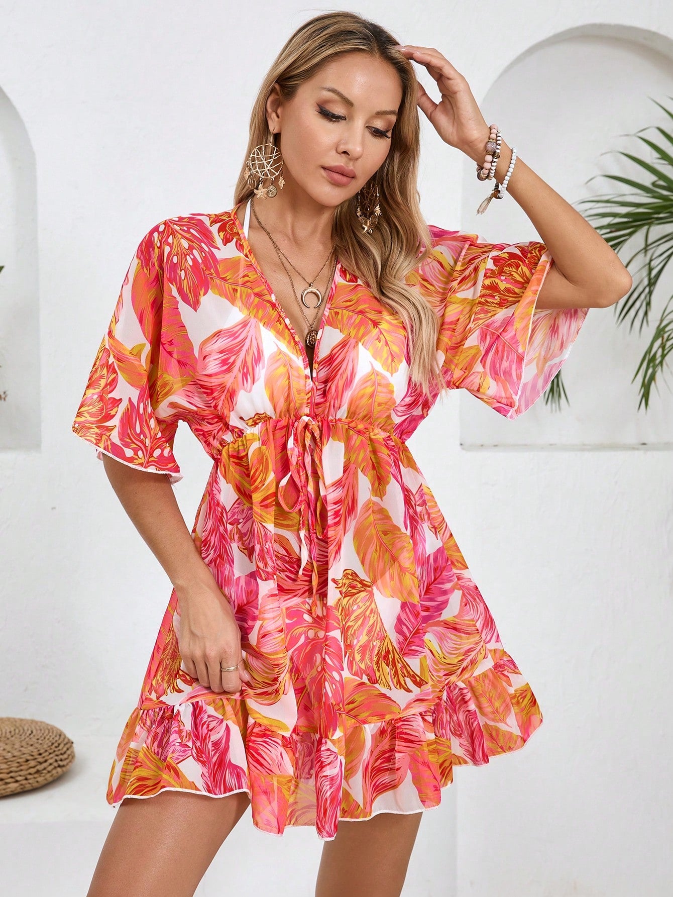 Women's V-Neck Ruffle Hem Botanical Printed Summer Beach Cover-Up Dress