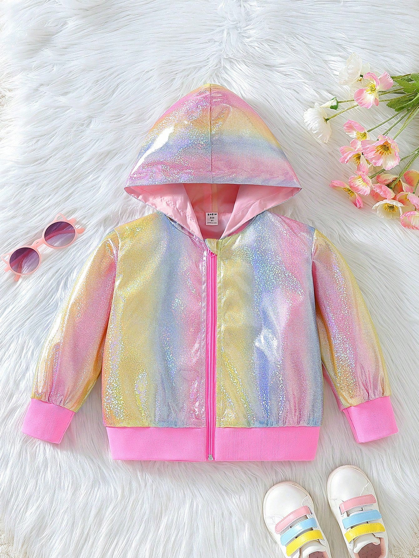 Glossy Metallic Colorful Girls Jacket, Pink Casual Baseball Jacket For Girls, Spring Autumn