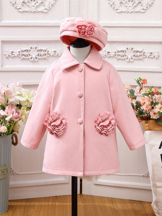 Pink 3D Floral Casual Jacket For Young Girls, Featuring Sweet Pink Color, Playful 3D Floral Design, And A Coordinated Beret. The 3D Floral Details Add Depth And Visual Interest To The Jacket, While The Matching 3D Floral Decoration On The Beret Enhances T