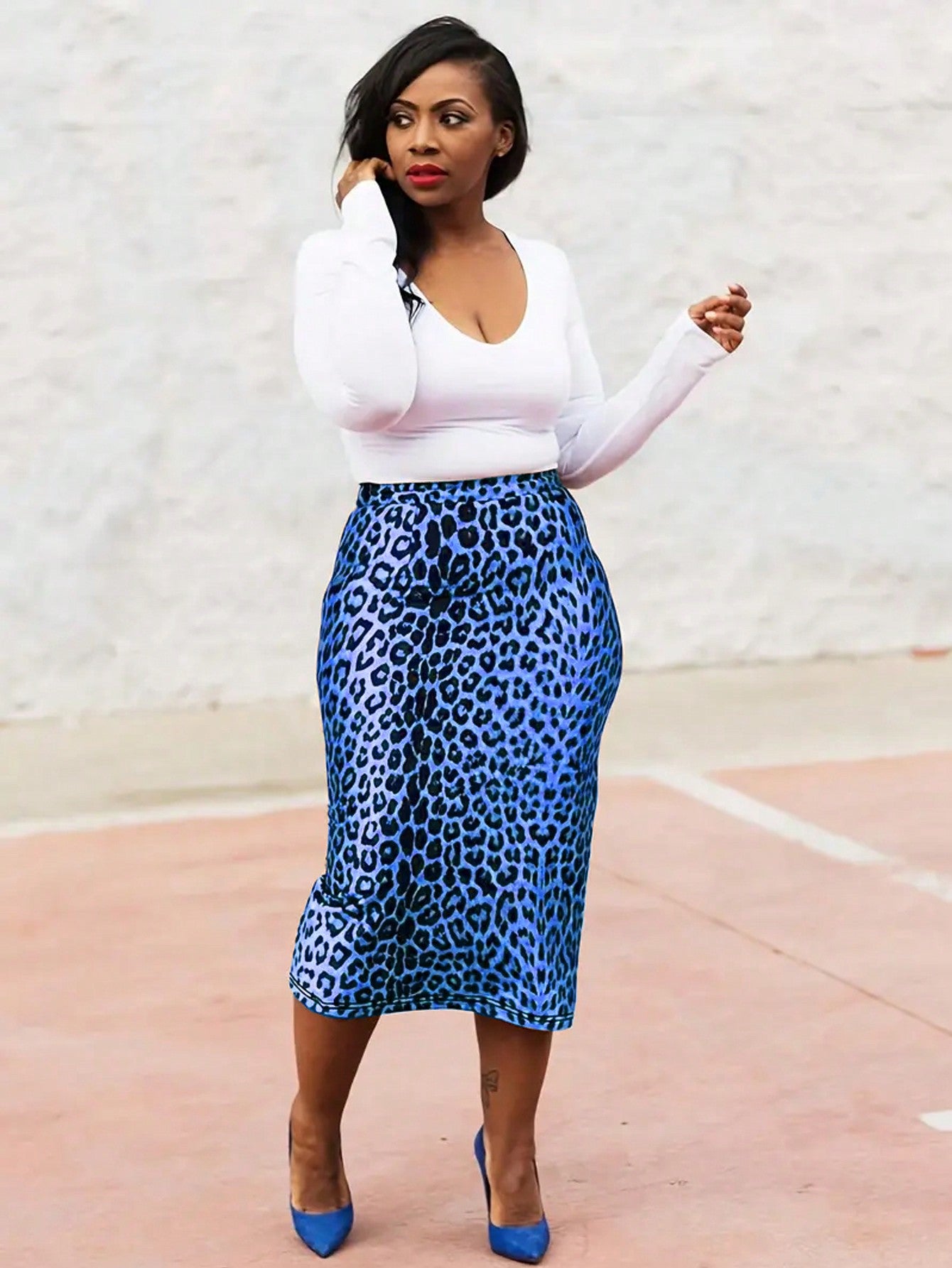 Plus Size Women Leopard Print Straight Skirt