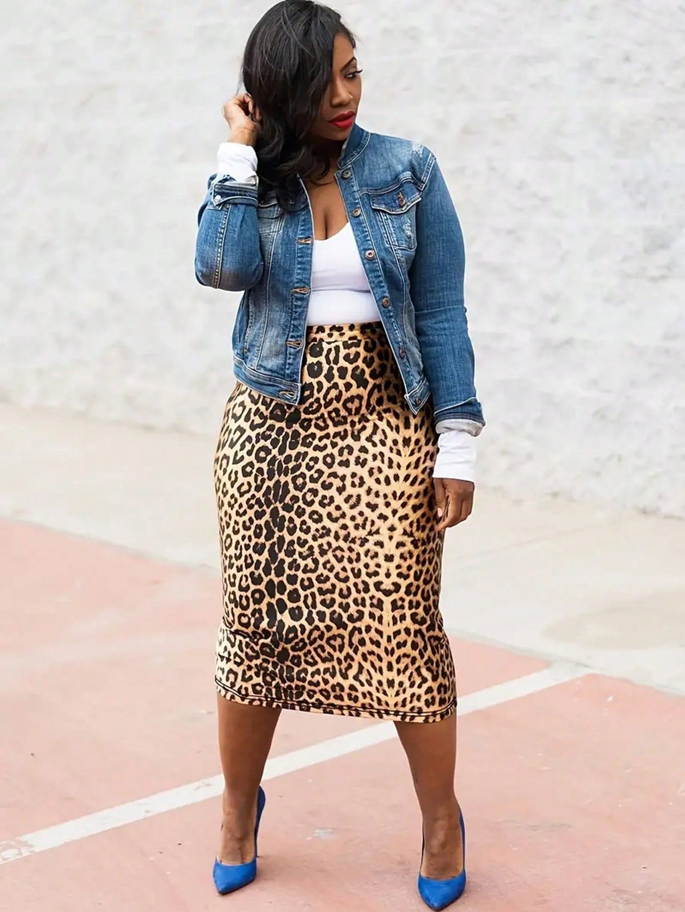 Plus Size Women Leopard Print Straight Skirt