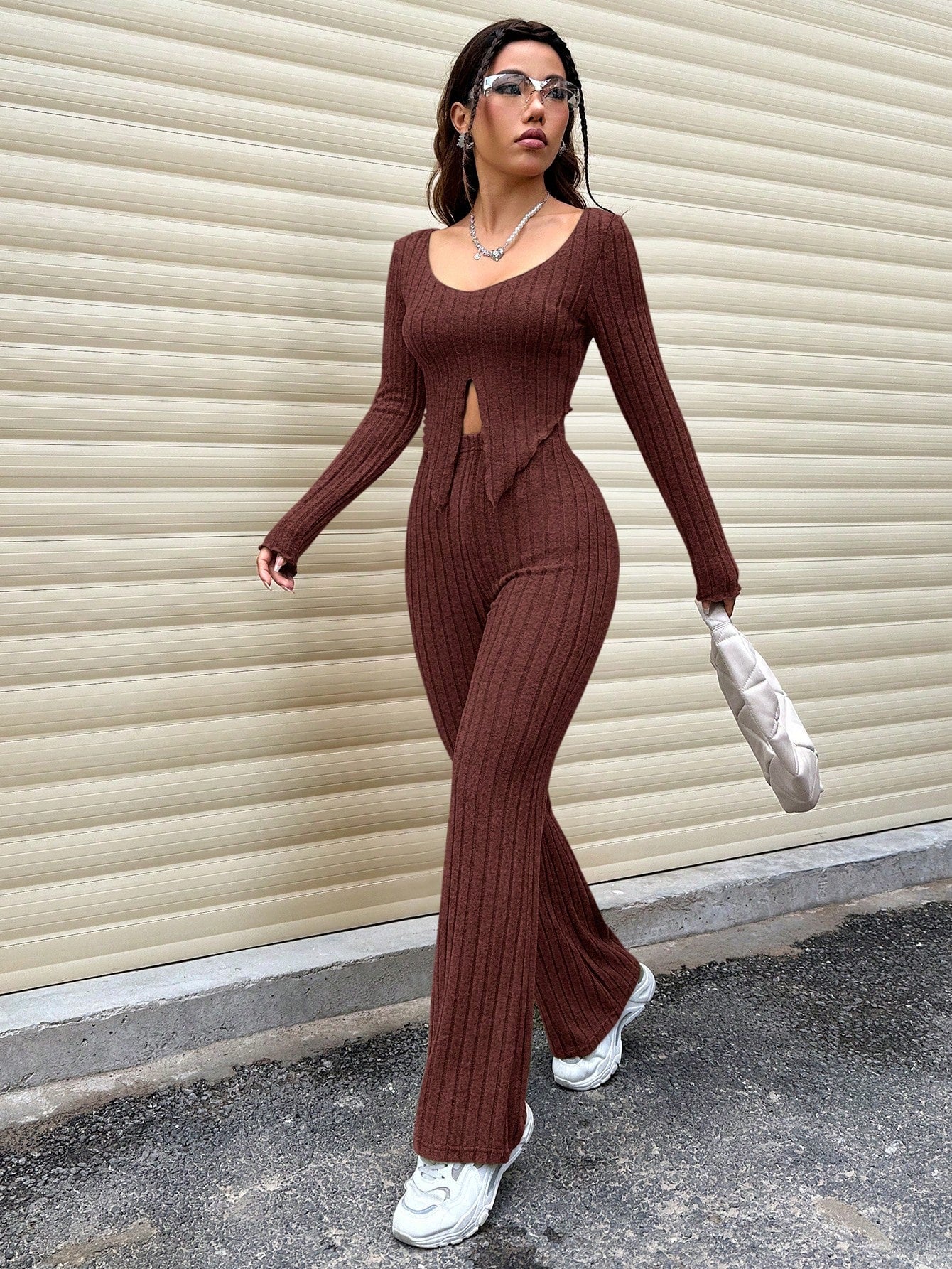 Women's Long Sleeve Ribbed T-Shirt And Pants Set With Split Hem Design