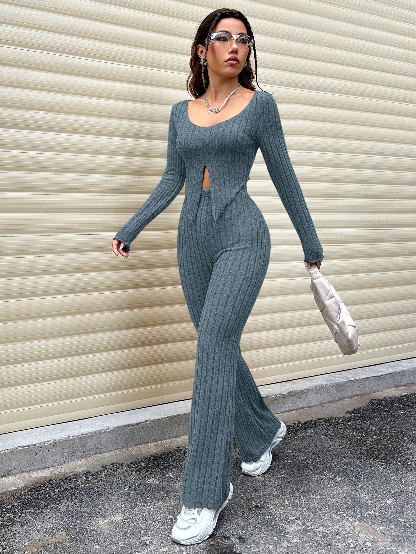 Women's Long Sleeve Ribbed T-Shirt And Pants Set With Split Hem Design